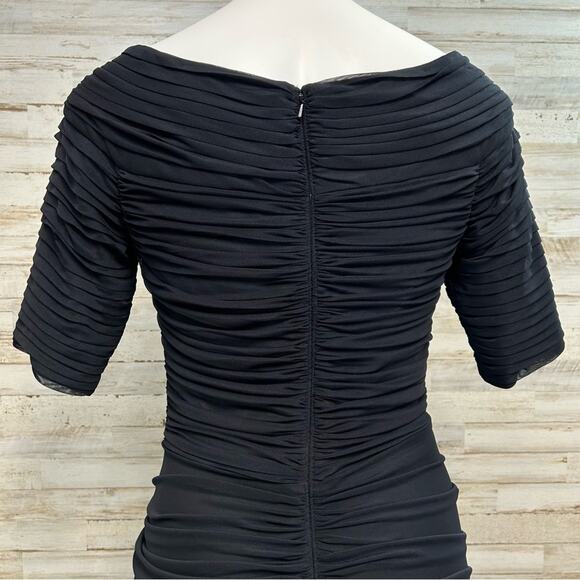 Tadashi Shoji Bandage Mesh Ruched Cocktail Dress Size S Black Asymmetrical Neck - Picture 11 of 16